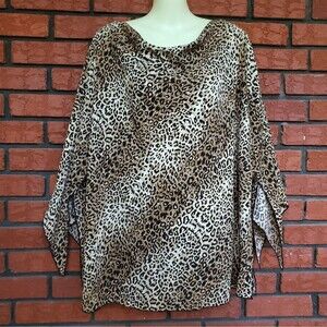 VTG Leopard Animal Print Top Blue Diamond Plus 2X Flowy Cowl Neck Bell Sleeve